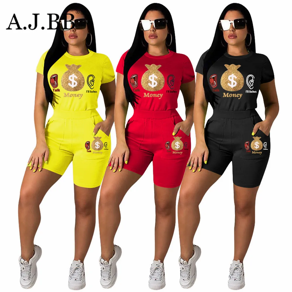 

European summer graphic sports set fashion loose o-neck short sleeve T-shirt and shorts women's two piece set