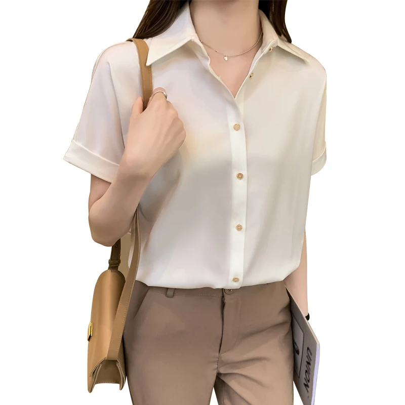 

COIGARSAM Vintage Short Sleeve Shirt Womens tops Summer Women shirts White 8165