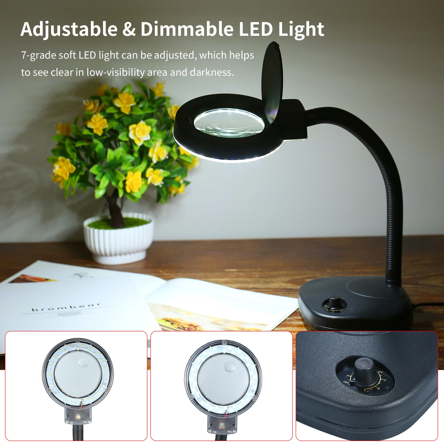 

Professional Desktop Magnifier Magnifying Glass 5X/10X Lamp Lens with 7-Grade Adjustable LED Light for Reading Engraving Welding