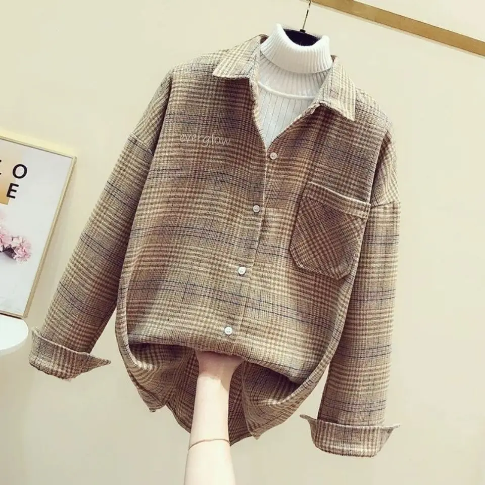 

Autumn and Winter New Brushed Plaid Shirt Women's Long Sleeve Thickened Design Sense Minority All-Match Retro Plush Shirt Coat