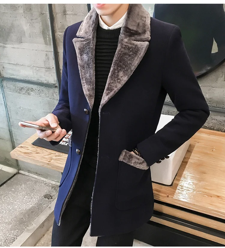 Fur Collar Trench Coat Men Wool Blend Winter Coat Slim Fit Men Manteau Homme Mid-Long Black Grey Mens Trench Coat Blue 4xl 5xl