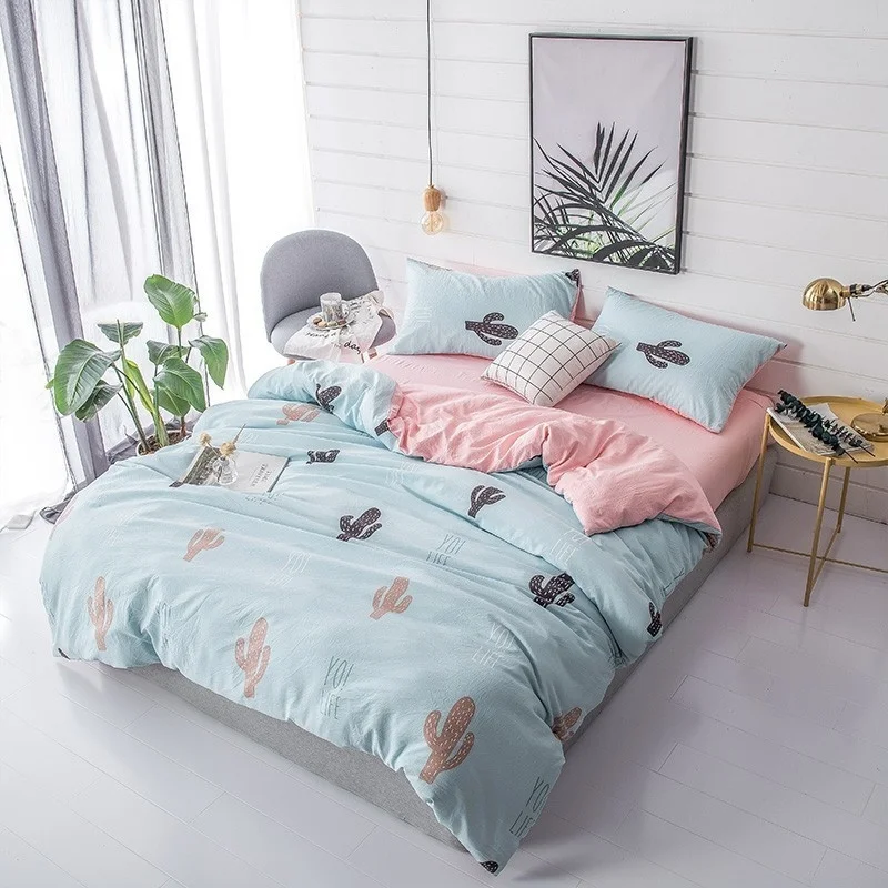

Home Textile Duvet Cover Flat Bed Sheet Pillowcase Blue Pink Cactus Girl Kid Teen Bedding Linens Set Single Queen 3/4Pc