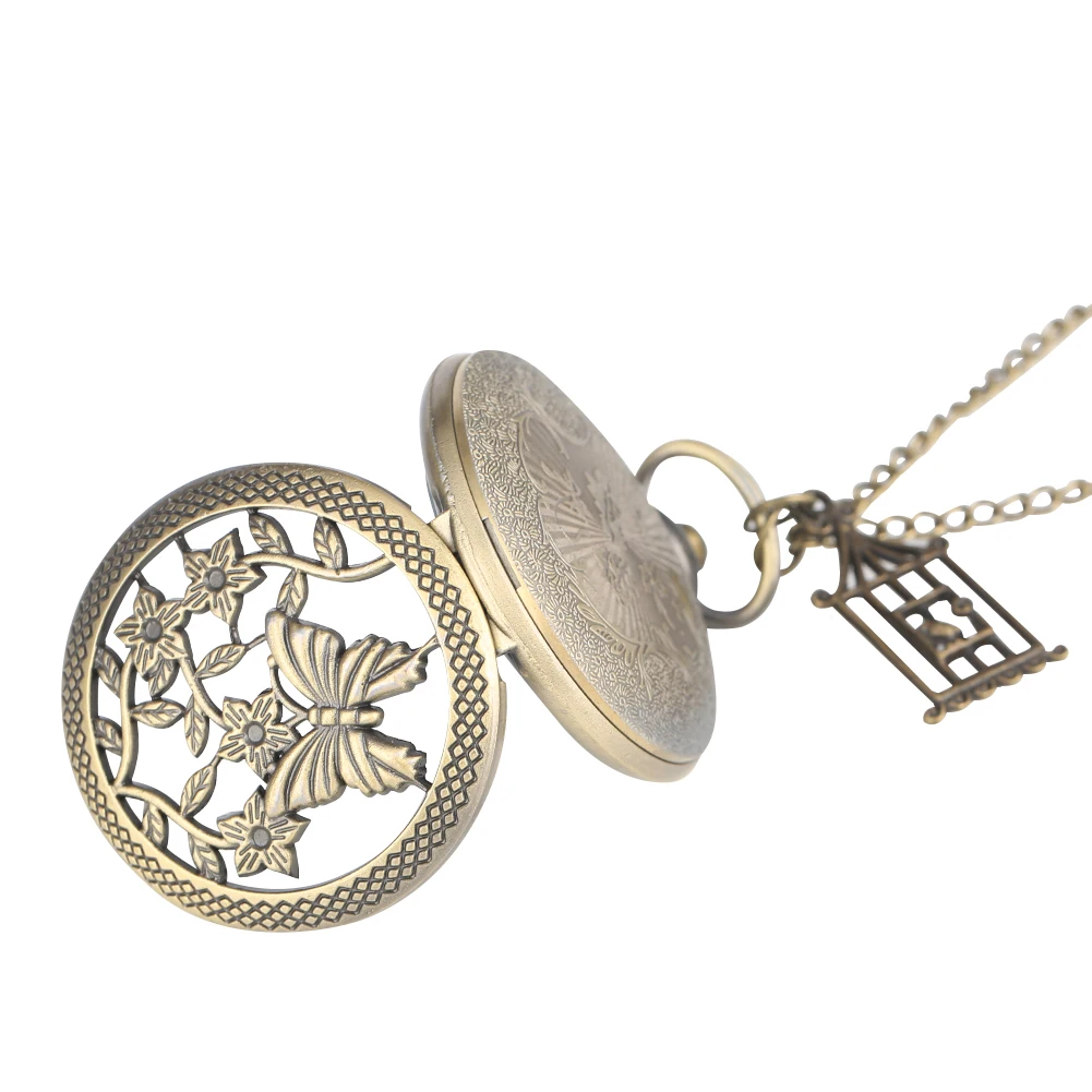 

Bronze Butterfly and Flower Retro Style Necklace Pocket Watch Chain Steampunk Pendant Quartz Fob Watch Clock with Accessory 2020