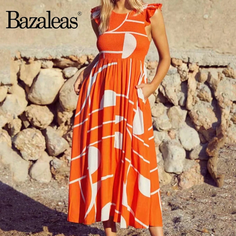 Женское богемное платье с оборками Bazaleas оранжевое длинное пляжное