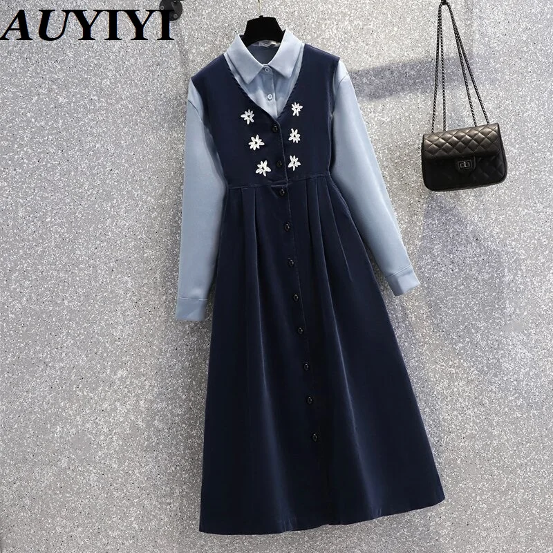 

AUYIYI Новинка 2021, весенний женский костюм оверсайз из кордуры, женское платье с жилетом + рубашка, комплект из двух предметов, свободная женска...