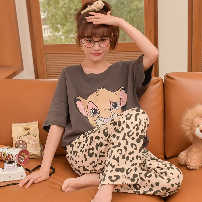 Summer Cotton Pajamas Women's Short Sleeve Pants Lion King Simba Leopard Print Kawaii Cartoon Loose Home Suit Pajama Sets Women