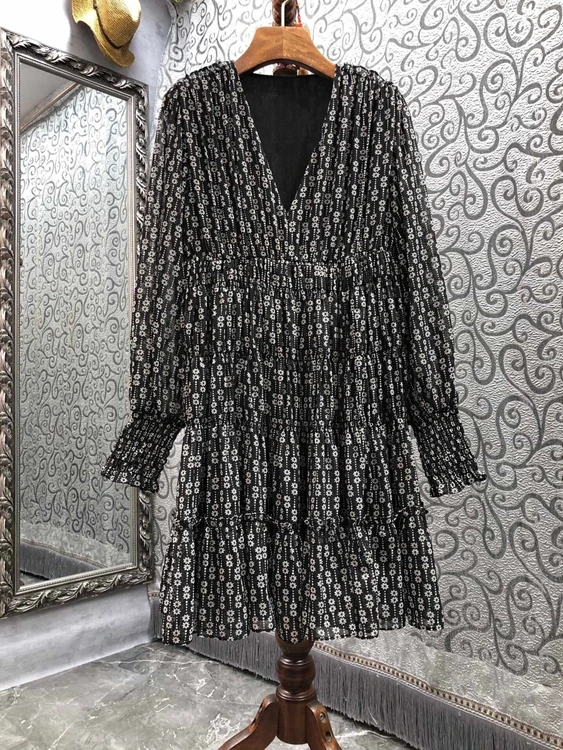 

2022 new women fashion V-neck small flower pattern decoration long-sleeved slim dress dress 1215