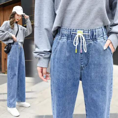Woman Jeans Pants Elastic Waist Loose High Junior High School Students Less than Casual Straight Pants Pantalones Vaqueros Mujer