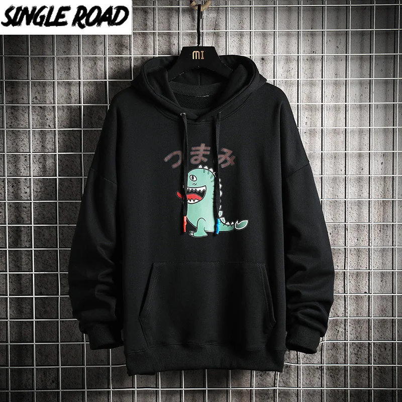 

Single Road Mens Hoodies Men 2020 Autumn Dinosaur Sweatshirt Japanese Streetwear Harajuku Oversized Black Hoodie Men Sweatshirts