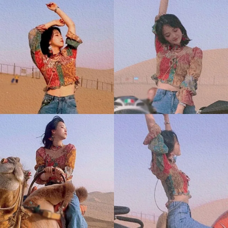 

Women Blouses Spring Autumn Square Collar Floral Print Patchwork Chiffon Blouse Sexy Navel Exposed Long Sleeve Chiffon Tops