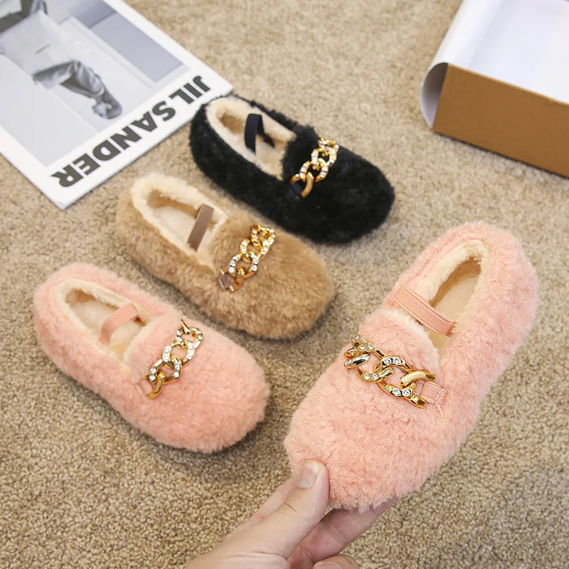 

Winter Moccasin Shoes Korean Style Children Fashion Metal Chains Little Princess Cotton-padded Shoes for Kids Girl Drop Shipping
