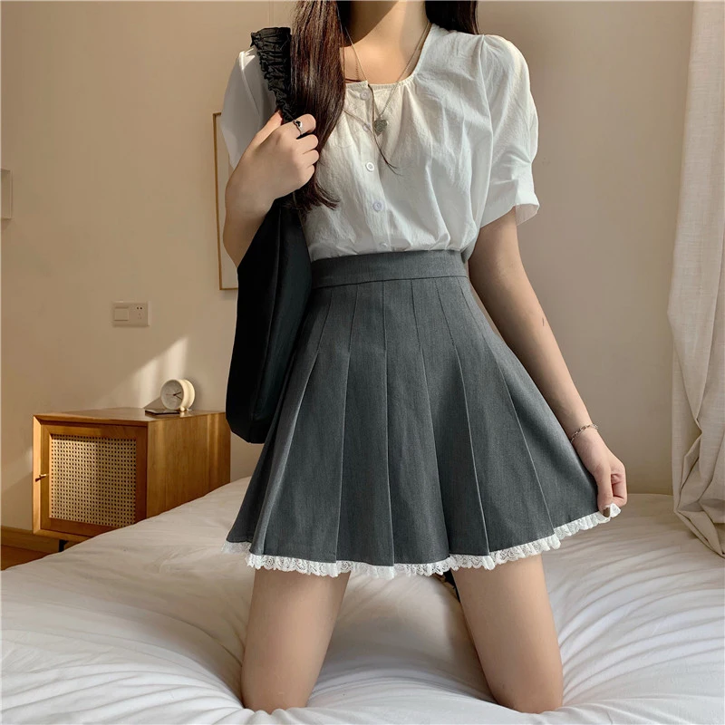 

Spring and Autumn Lace Gray Pleated Skirt Summer Dress Female Autumn High Waist A-line Skirt