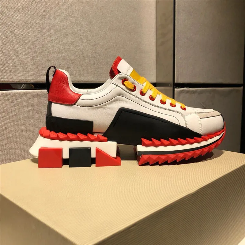 splice color lace-up high quality super king sneakers Genuine Leather with red rubber sole design Height Increasing | Обувь
