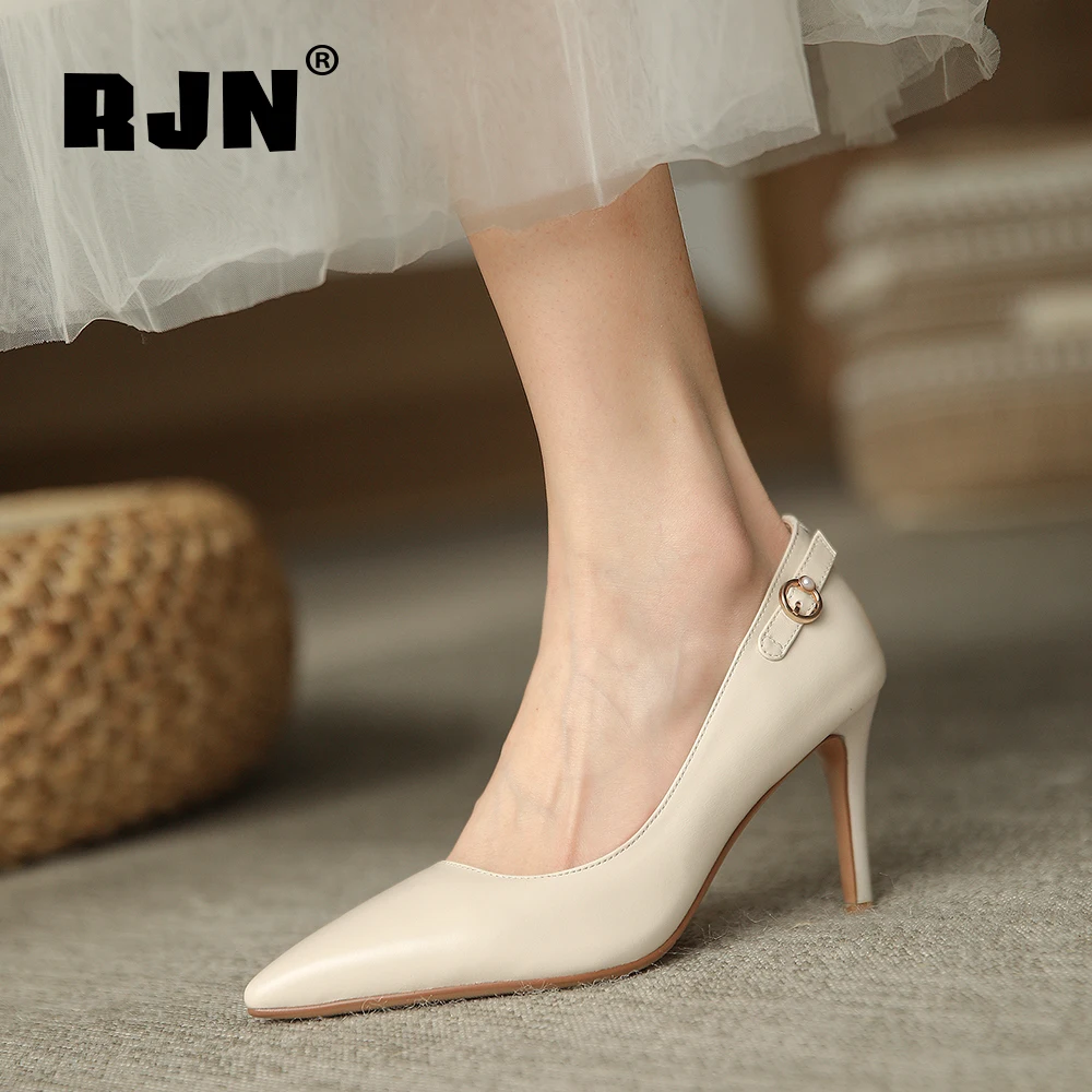 

RJN 2021 Spring Women‘s Pumps Fashion Genuine Leather Pointed Toe Thin heel Slip-On Ladies Shoes Office Lady Shallow Shoes RO660