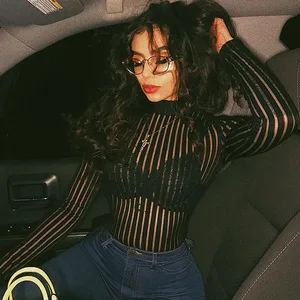 Боди женское Сетчатое черное в полоску, с длинным рукавом, 2019