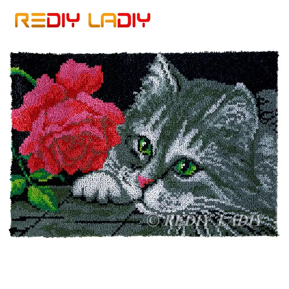 

Крюк с защелкой ковер на не сужающемся книзу массивном гобелен с пряжей Наборы вяжущие крючком Подушка Мат Кошка с розой DIY ковер рукоделие ...