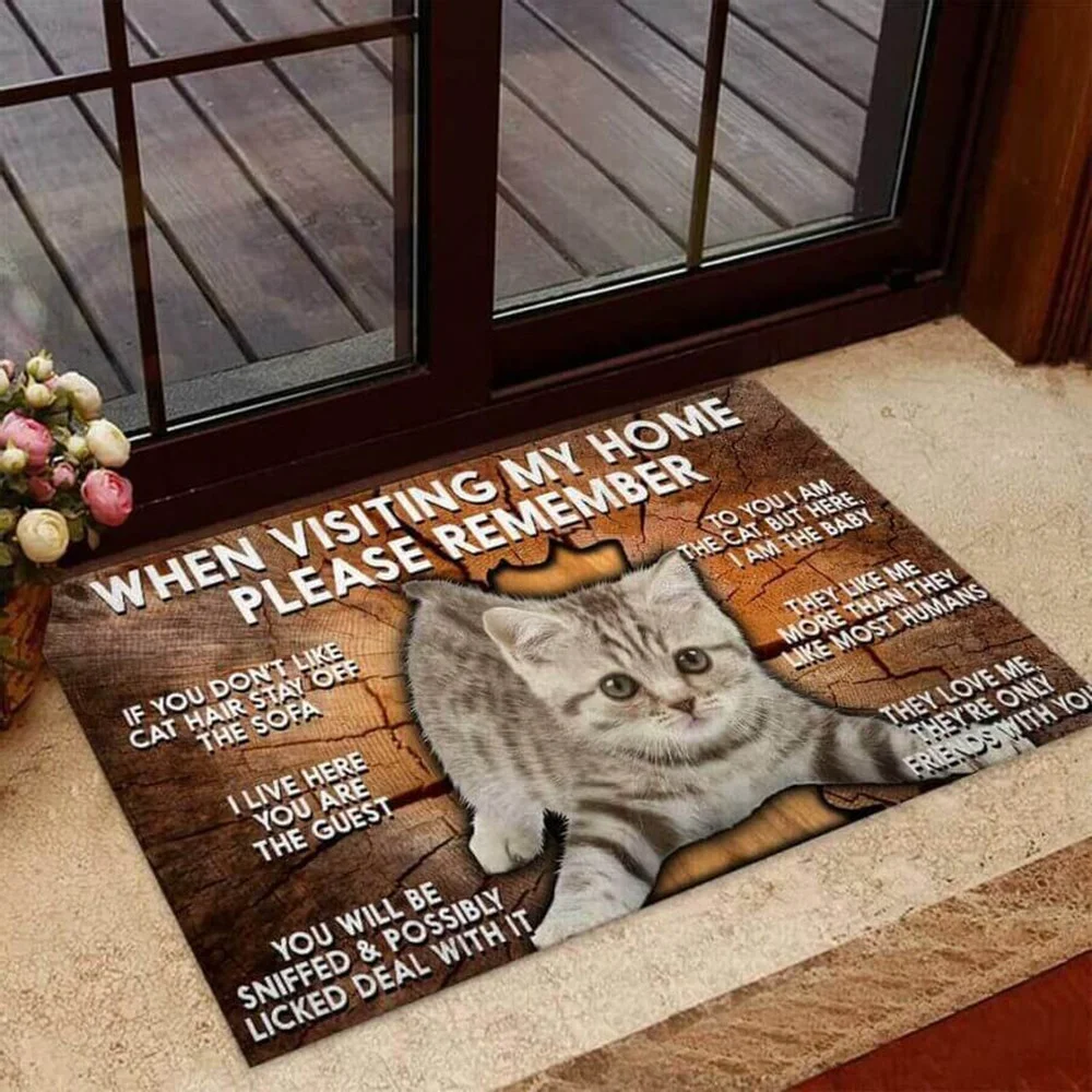 

CLOOCL Please Remember Tabby Cat House Rules Doormat Decor 3D Carpet Soft Flannel Non-Slip Doormat for Bathroom Bedroom Porch