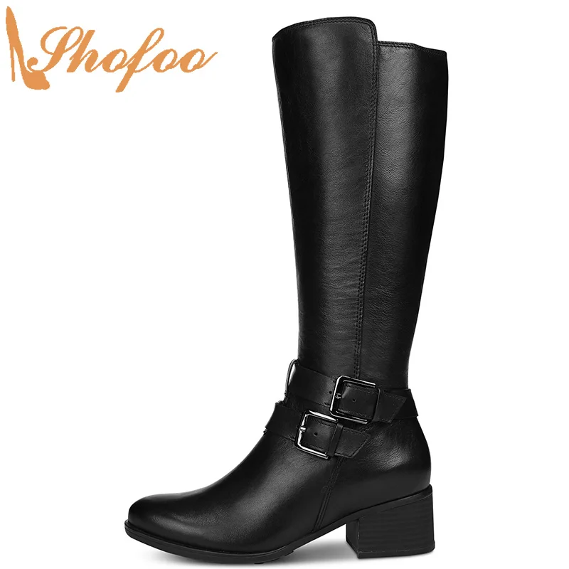 

Black Knee Long Boots High Chunky Heels Round Toe Zipper Large Size 12 16 Ladies Fashion Twin Buckle Women Mature Shoes Shofoo