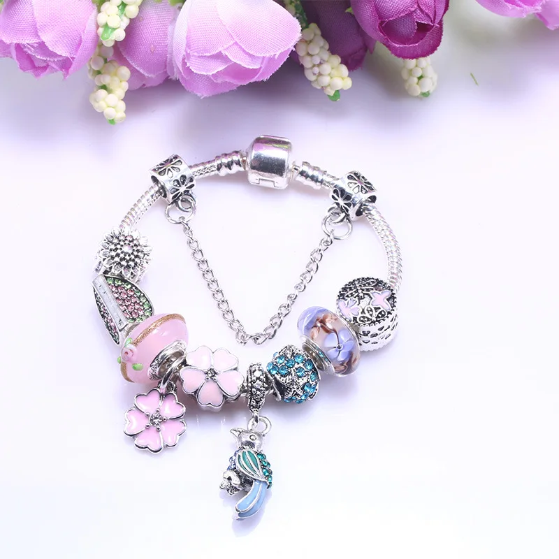 Оригинальный браслет Cherry Fit очаровательные браслеты с розовой эмалью и птицей