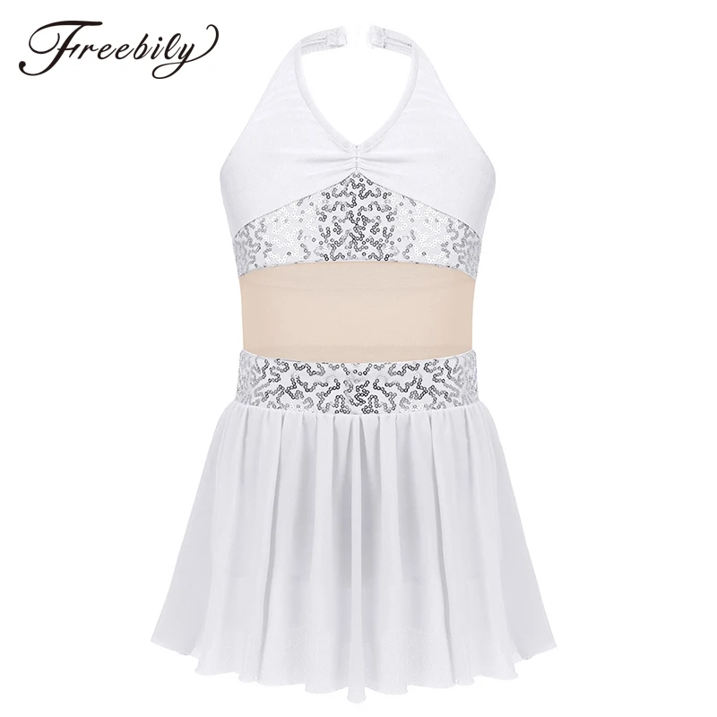 Halter Sequins Stretchy Mesh Ballet Gymnastics Leotard Girls Figure Skating Dress Kids Contemporary Lyrical Dance Costumes | Тематическая