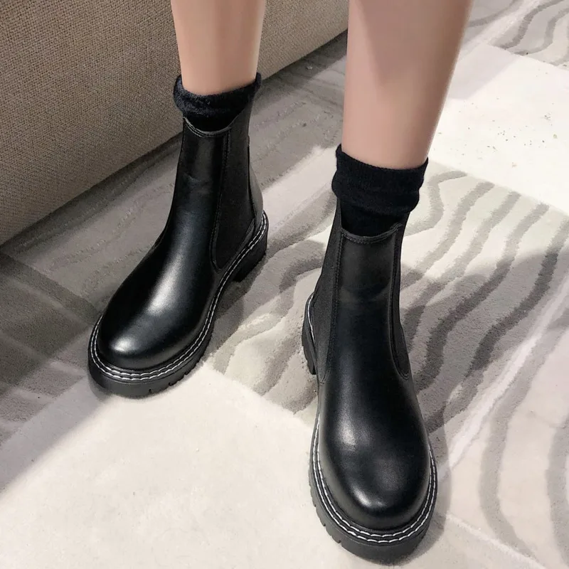 

Fashion Leather Chelsea Boots Women 2020 Autumn Winter Ankle Boots for Women Chunky Heels Booties Woman Square Toe Shoes Woman