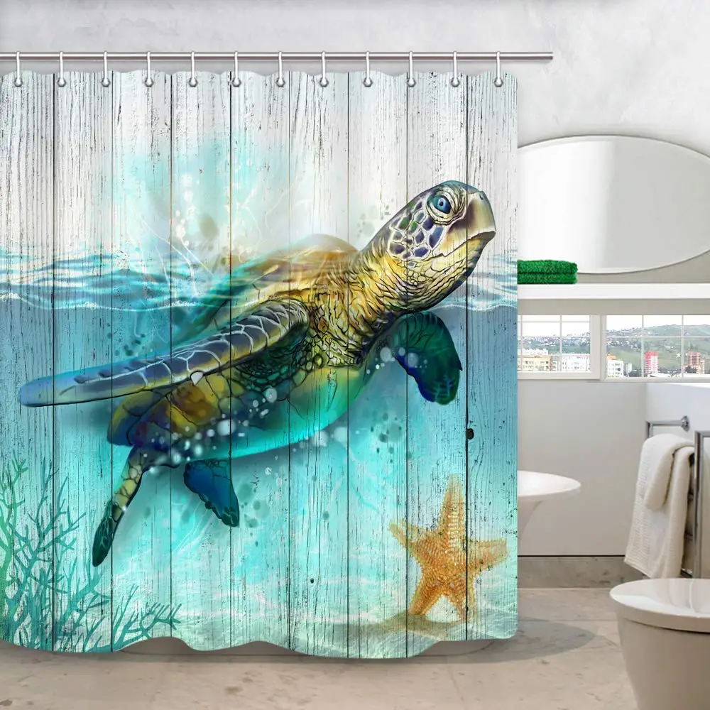

Turtle Underwater World Ocean Animal Sea Tortoises Coral and Aquatic Plant on Rustic Wooden Bath Curtains