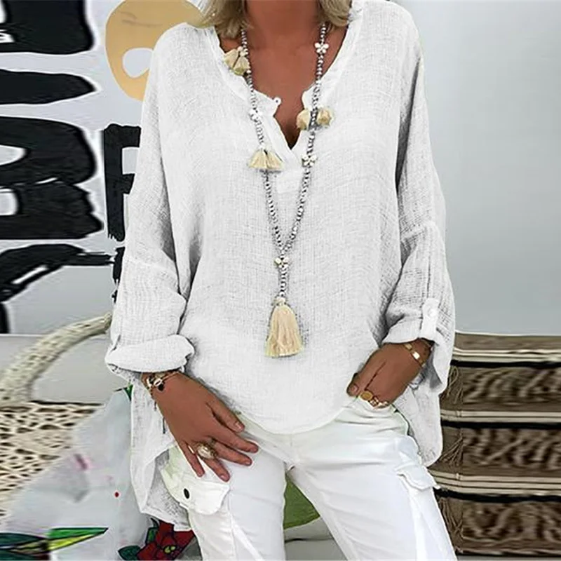 

T-Shirt Spring Plus Size Blouses Women Casual Fashion Solid Blouse Loose Tees Long Sleeve Shirts Women Tops V-neck Shirt Summer
