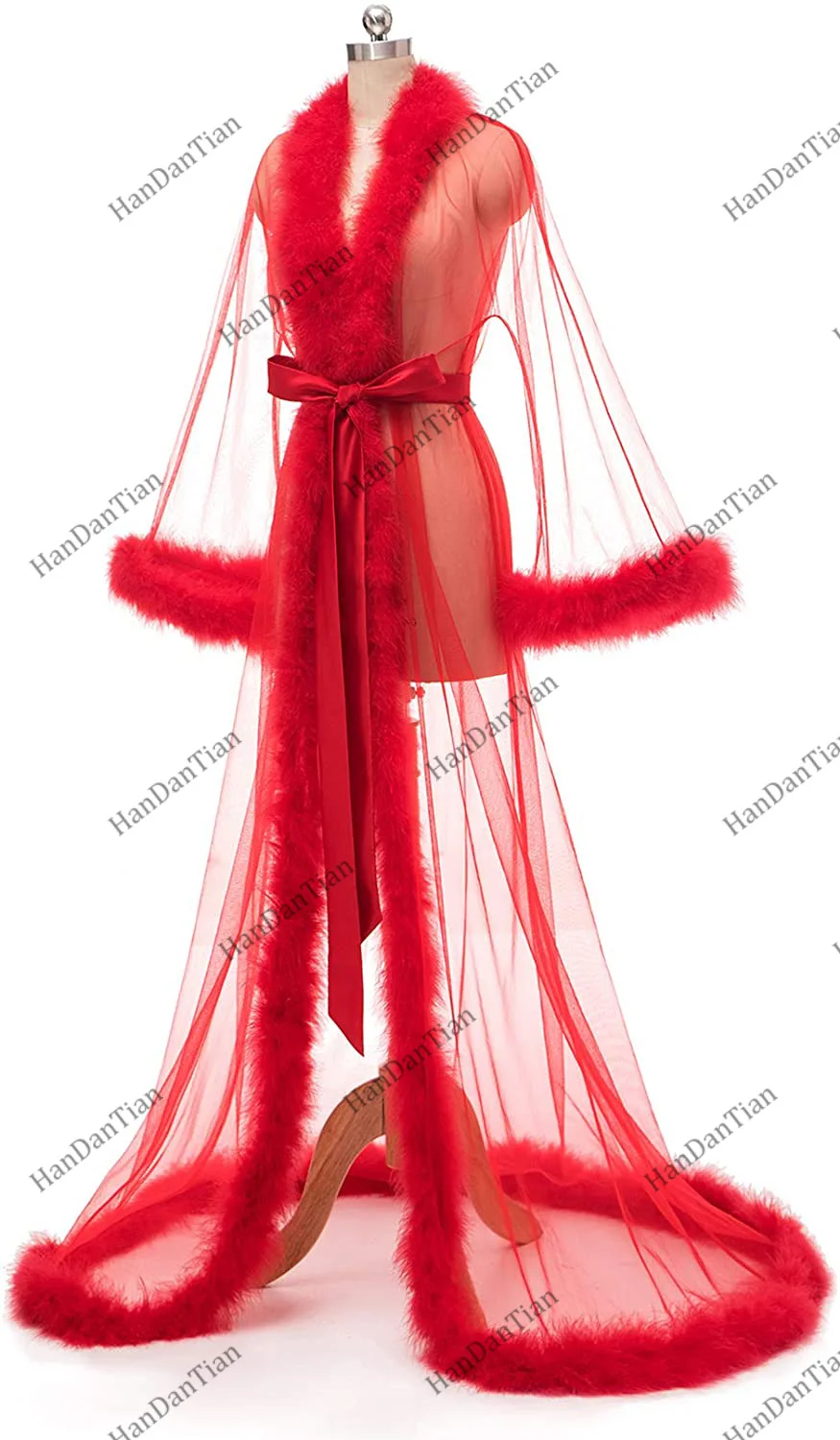 

Sexy Feather Robe Long Sheer Bridal Dressing Gown Tulle Fur Illusion Boudoir Lingerie Nightgown Wedding Scarf