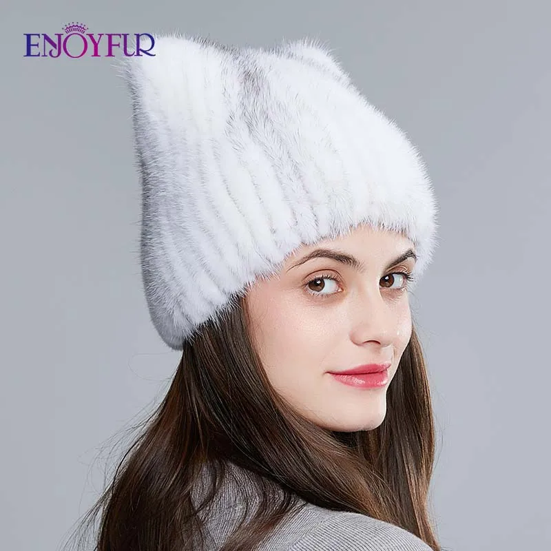 ENJOYFUR, натуральный мех норки, шапки для женщин, зимние, женские, вязаные, мех норки, шапки, милые уши, головные уборы, шапочки - Цвет: 05