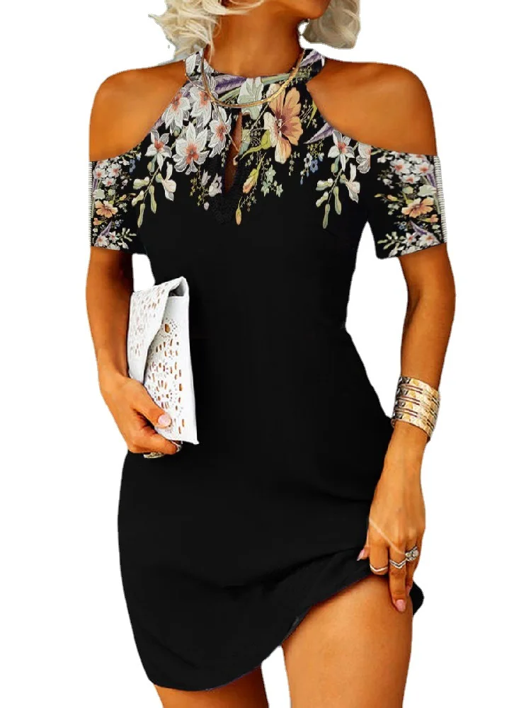 

Short Dress Sexy Fashion Women Summer Office Casual Sheath Neck-mounted Strapless Print Short Sleeve Above Knee Plus Vestidos