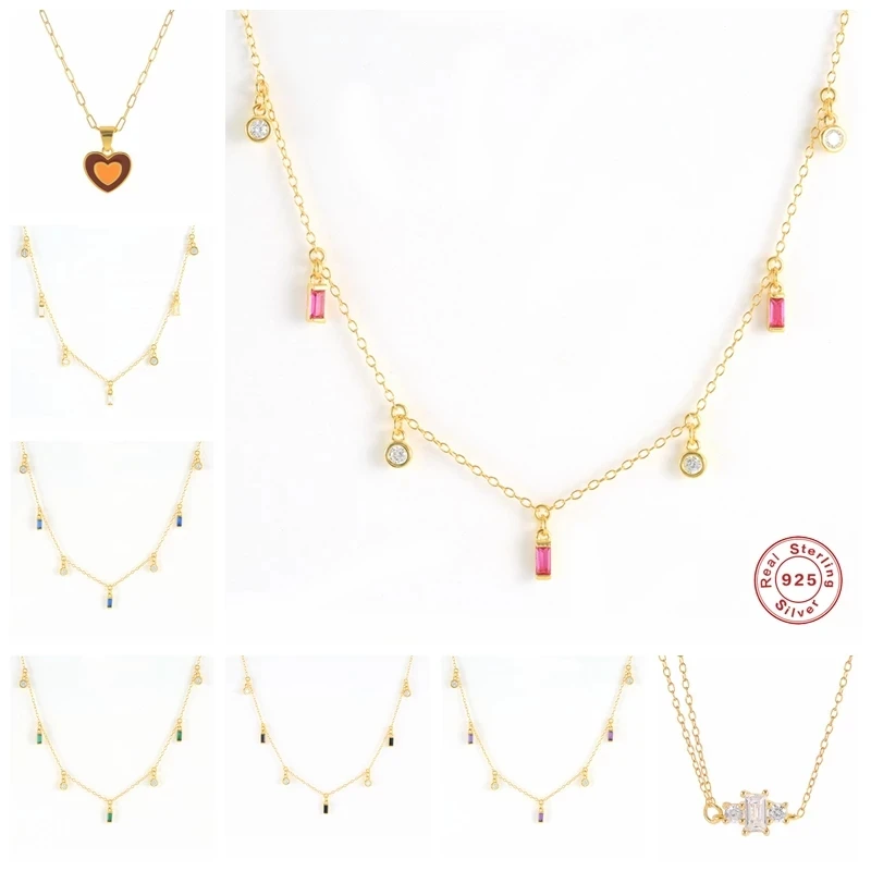 

Aide 925 Sterling Silver Colored Blue Pink Zircon Pendants Necklaces For Women Round Crystal Beads Heart Charm Necklace Jewelry