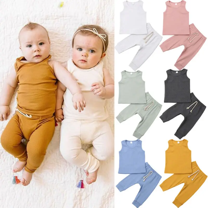 

Newborn Kids Baby Boy Girl 2pcs Clothes Cotton Tops Vest Long Pants Outfits Set