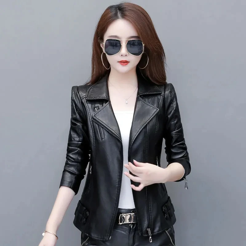 

2021 Autumn Short Women's Square Neck Slim-fit Motorcycle Washed PU Leather Jacket Ladies Fashion Casual Jacket