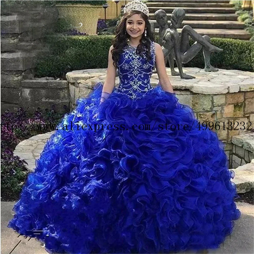 

Royal Blue Organza Quinceanera Dresses 2019 Beads Crystal Cascading Ruffles Ball Gown Sweet 16 Prom Dress Vestidos De 15 Anos