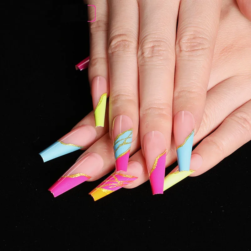 24 шт./компл. длинные радужные цветные накладные ногти европейские золотые линии