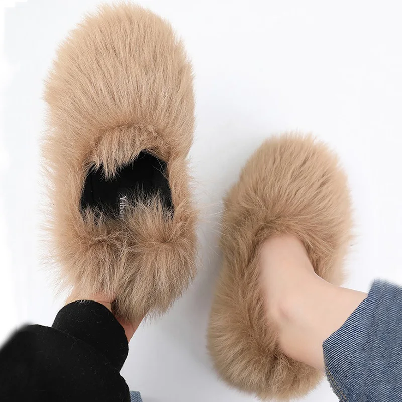 

Fashion Women's Winter Plush Lining Slip On Flats Casual Shoes Wool Fur Outside Black Khaki M173