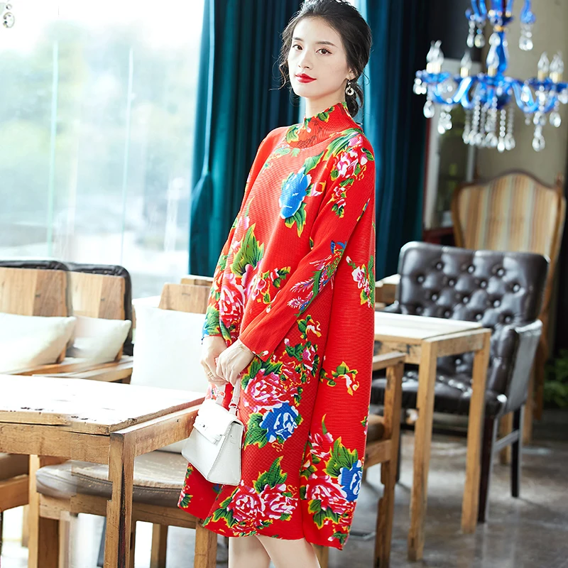 

Plus Size Dress 2019 Women's Chinese Ethnic style Red happy event Printed Stand collar Long sleeve Loose A-Line Dress Female