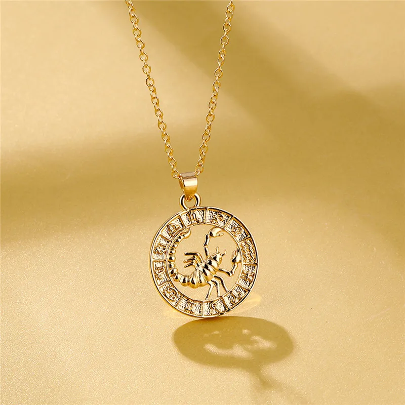 

12 Constellation Fashion Necklace Women Totem Round Pendant Total Gold Clavicle Chain Ladies Elegant Casual Gift Jewelry