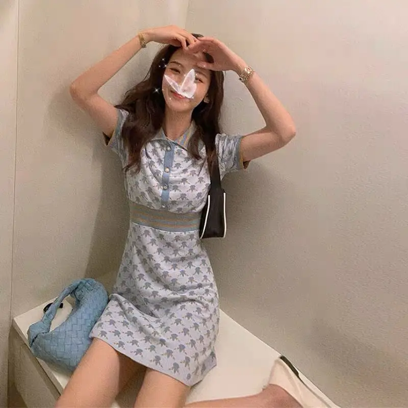 

Small fragrance polo plaid small knit dress 2021 new summer fresh waist slim temperament