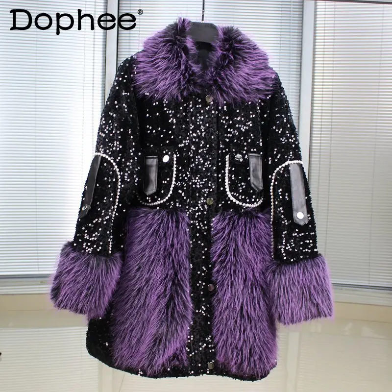 

Heavy Embroidery Sequins Fashion Fur Collar Pockets Fur Coat Female Loose Thickened Warm Purple Furry Jacket Winter New Clothes