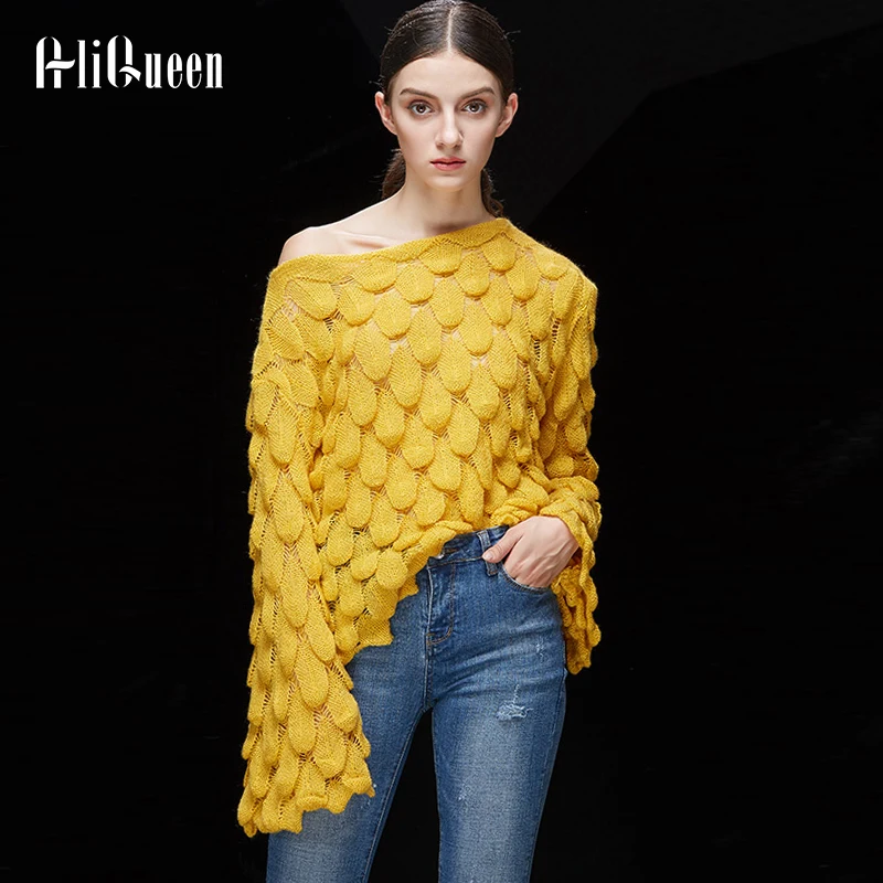 Осень 2019 вязаный свитер с расклешенными рукавами и перьями женские свободные