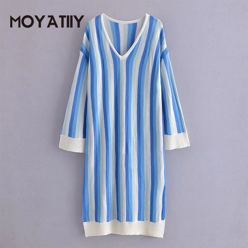 

MOYATIIY Fashion Women Straight Shirts Dress Spring Autumn Flax Stripes Wide Sleeve Oversized Side Open Ladies Beach Midi Dress