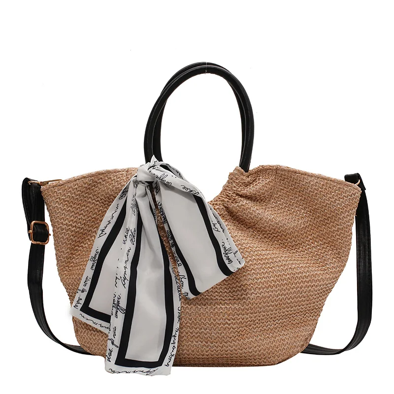 

Hand-woven Women's Crossbody Shoulder Handbag Totes with Silk Scarf Bohemian 2021 Straw Beach Weaving Bag with Short Handle