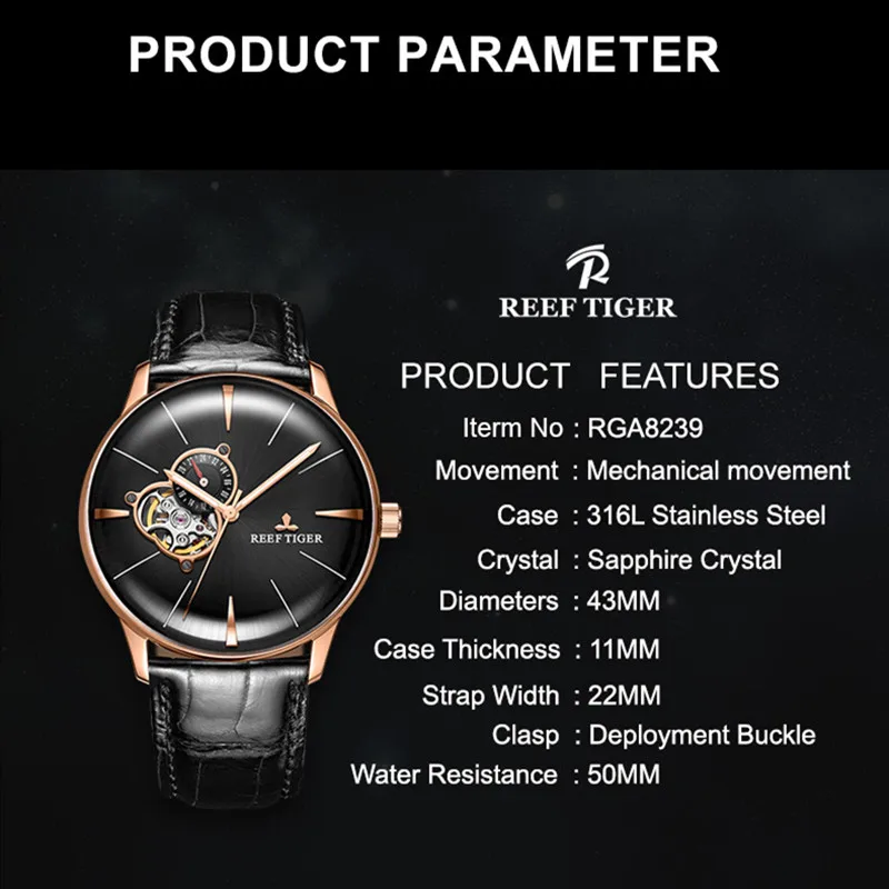 Reef Tiger бренд Tourbillon черный циферблат водонепроницаемые автоматические часы Топ Механические Роскошный кожаный ремешок мужские часы reloj hombre