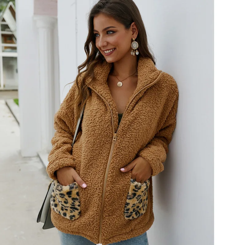 Элегантная верхняя одежда на молнии пальто леопардовое лоскутное из