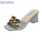 2021 пикантные однотонные женские шлепанцы с квадратным носком, Летняя женская обувь на каблуке, Модные женские сандалии с металлическим украшением, Zapatillas Mujer Casa 43