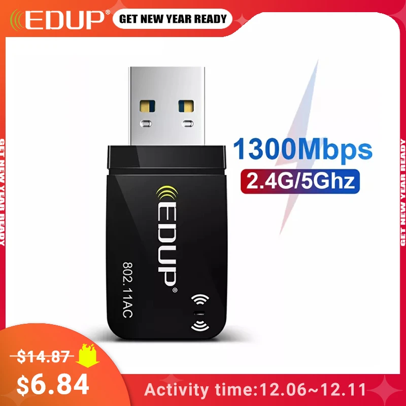 

Мини-адаптер EDUP 1300 Мбит/с, USB 3,0, Wi-Fi сетевая карта, двухдиапазонный 5,8/2,4 ГГц, беспроводной usb-адаптер переменного тока для ПК, настольного комп...