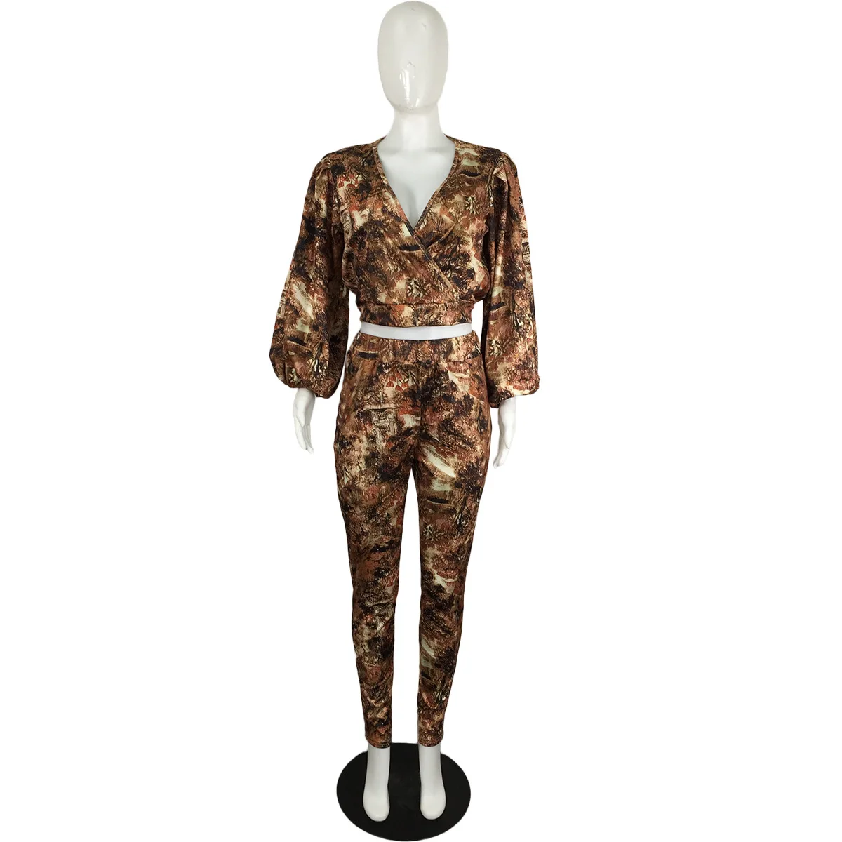 

Fashion Tie-Dye Printing Women Casual Two Piece Sets 2021 Spring Lady V-neck Lantern Sleeve Short Tops High Waist Pants Outfits