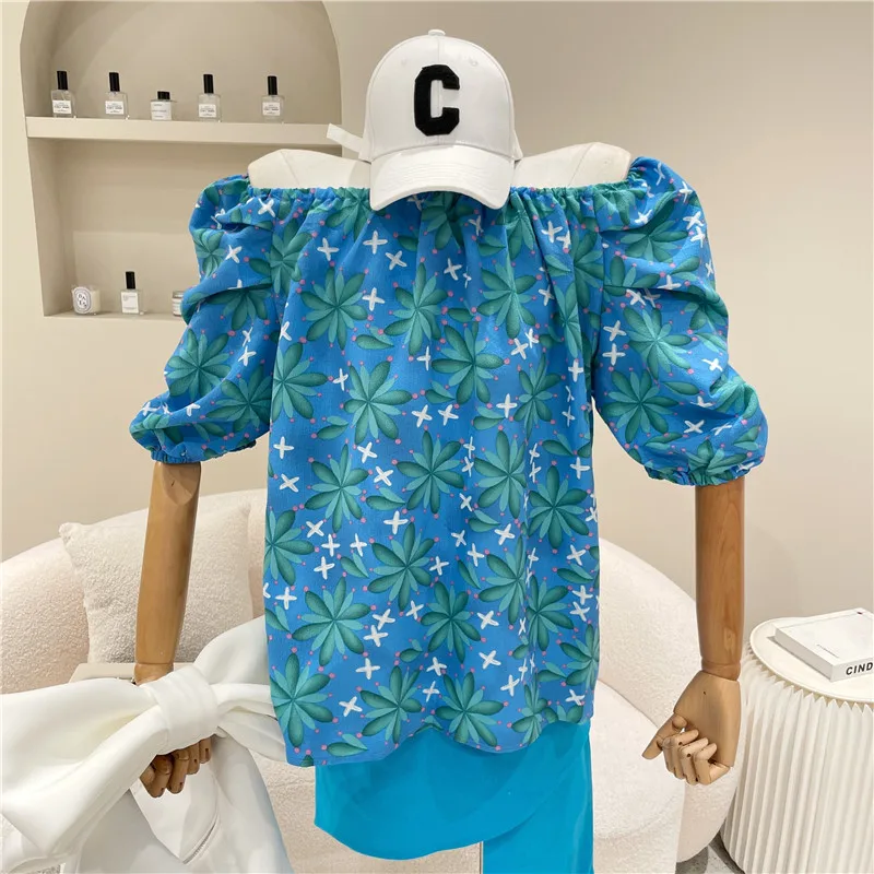 

New Women's Clothing Summer 2021 Fashion Retro Off Shoulder floral boat neck short sleeve shirt Versatile top