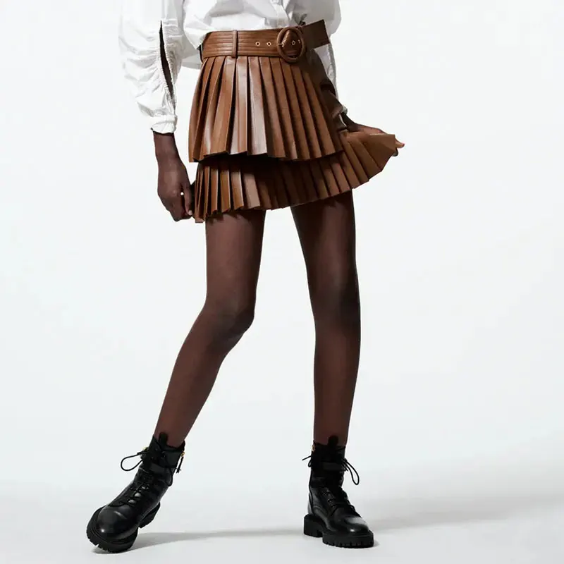 Мини-юбка женская из ПУ кожи с поясом и высокой талией | Женская одежда